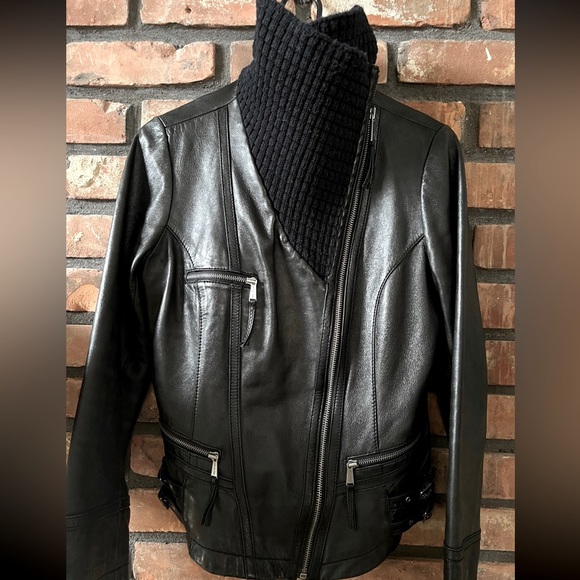 Michael Kors Black/Blue Leather Bomber jacket - Picture 3 of 6